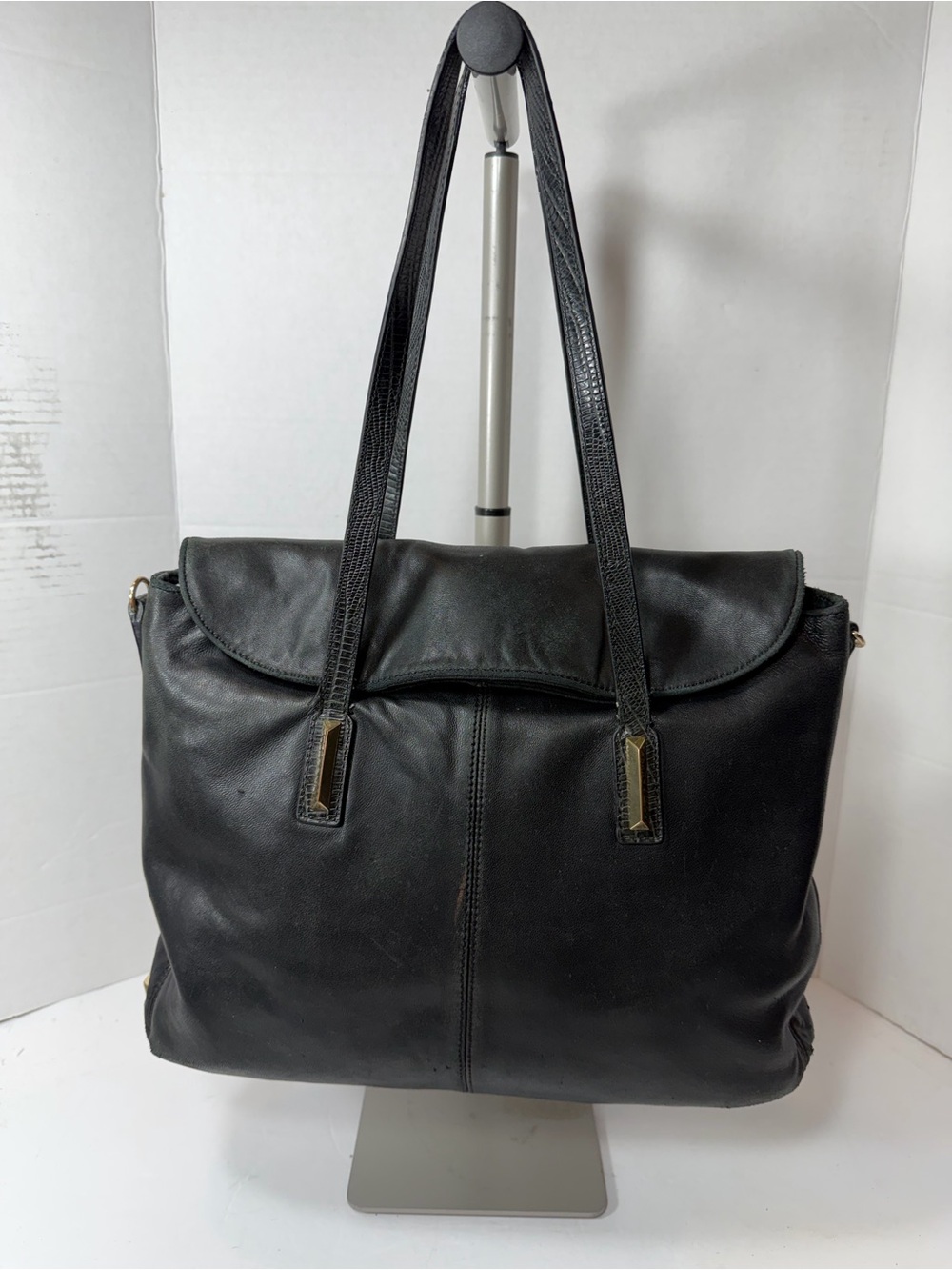 ELIZABETH AND JAMES Classic Black Leather Tote Shoulder Bag - project bag